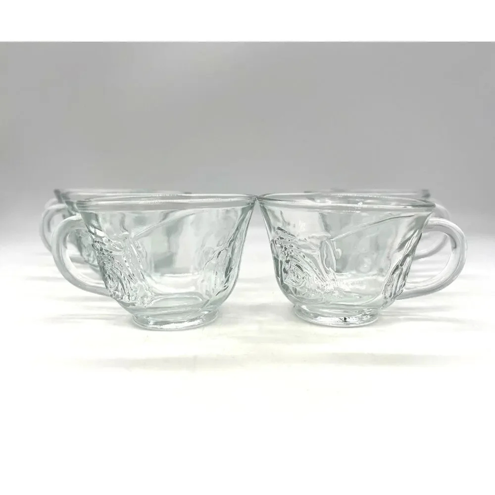 Vintage Set of 6 Clear Glass Tea Cups with Embossed Rose Embellishments
